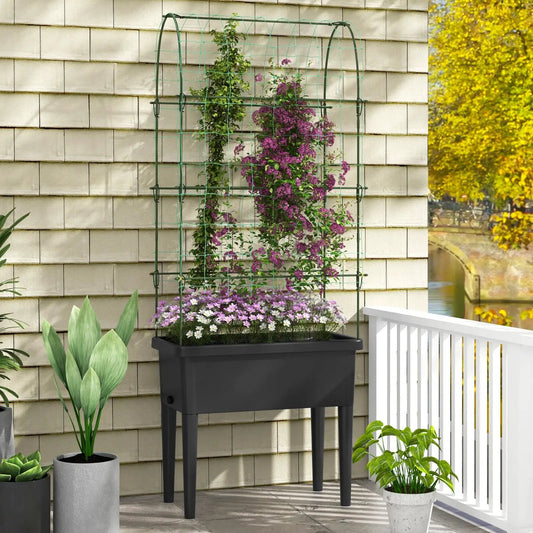Self-watering Raised Garden Bed Elevated Planter with Climbing Trellis-Black - Tampa Home & Garden Store