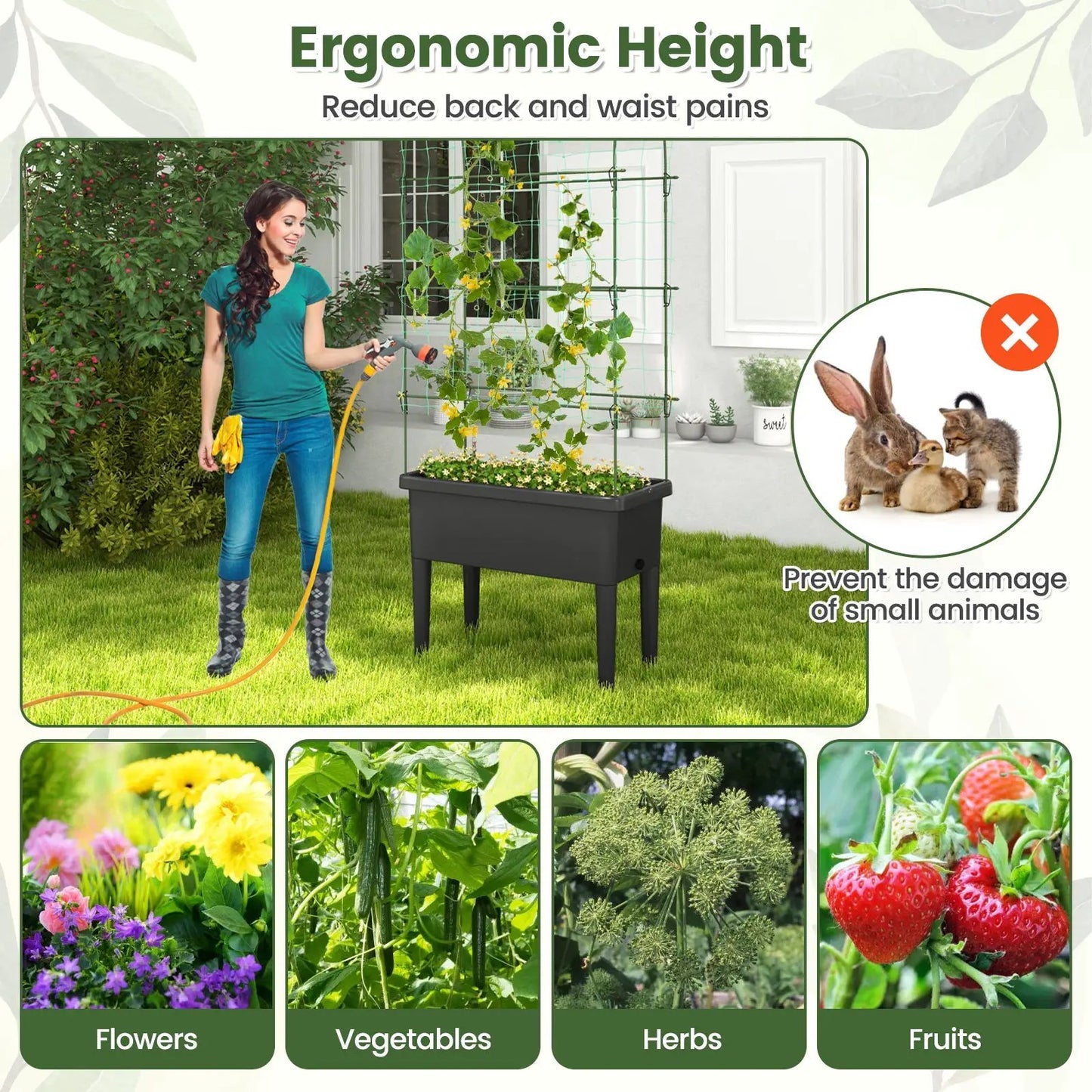Self-watering Raised Garden Bed Elevated Planter with Climbing Trellis-Black - Tampa Home & Garden Store