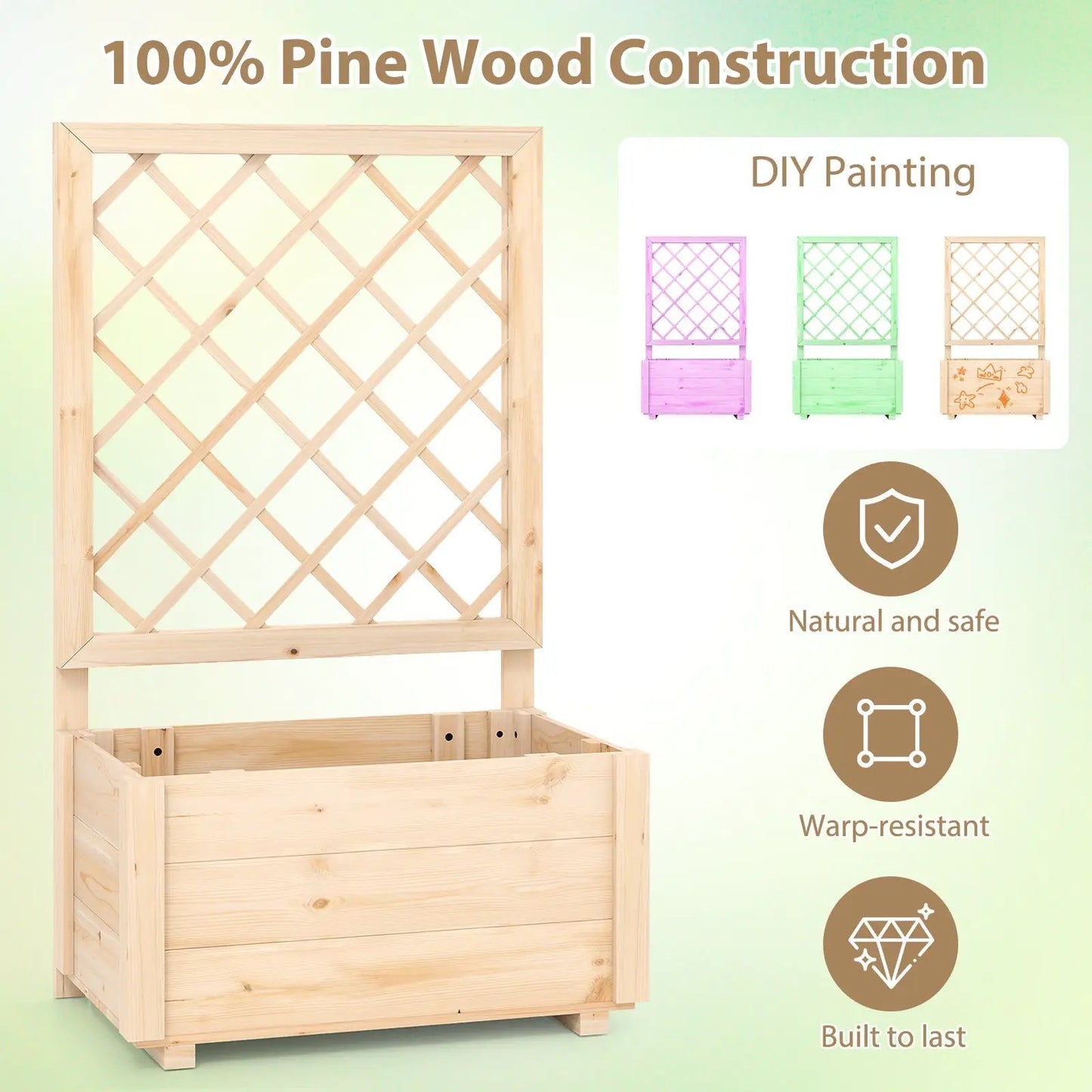 Raised Garden Bed Lattice Trellis Planter in natural pine wood on Tampa Home & Garden Store