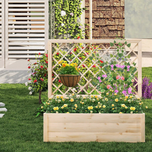 Raised garden bed with trellis planter box in natural wood and blooming flowers on Tampa Home & Garden Store