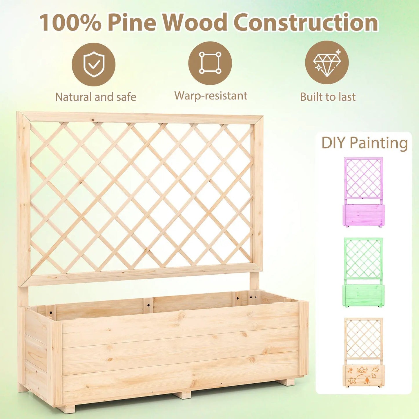 Raised wooden garden bed with lattice trellis panel in natural pine finish on Tampa Home & Garden Store