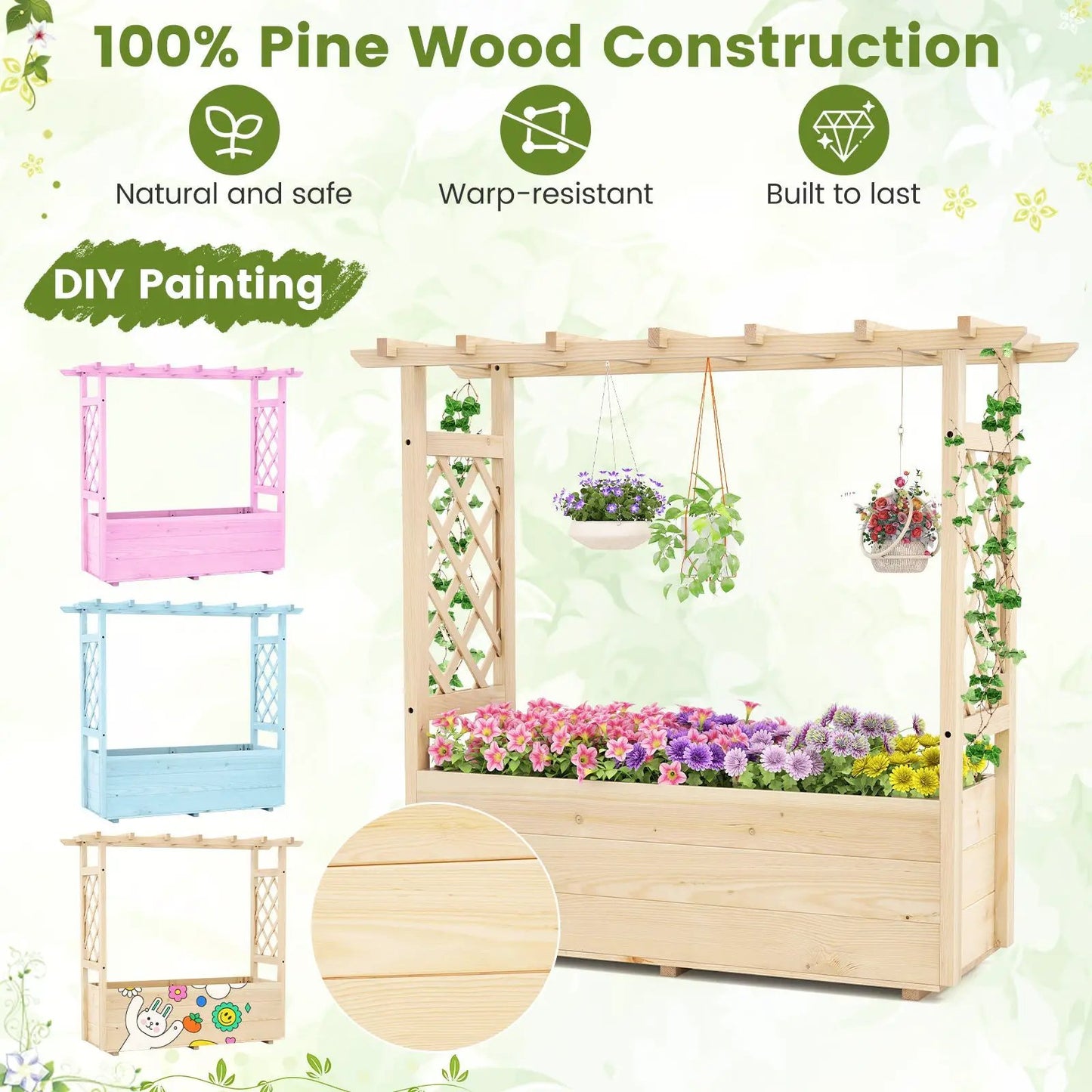 Raised Garden Bed Wood Elevated Planter Box Roof in natural wood with lattice sides on Tampa Home & Garden Store