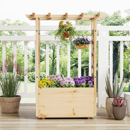 Raised wooden elevated planter box with roof in natural pine, filled with flowers on a deck on Tampa Home & Garden Store