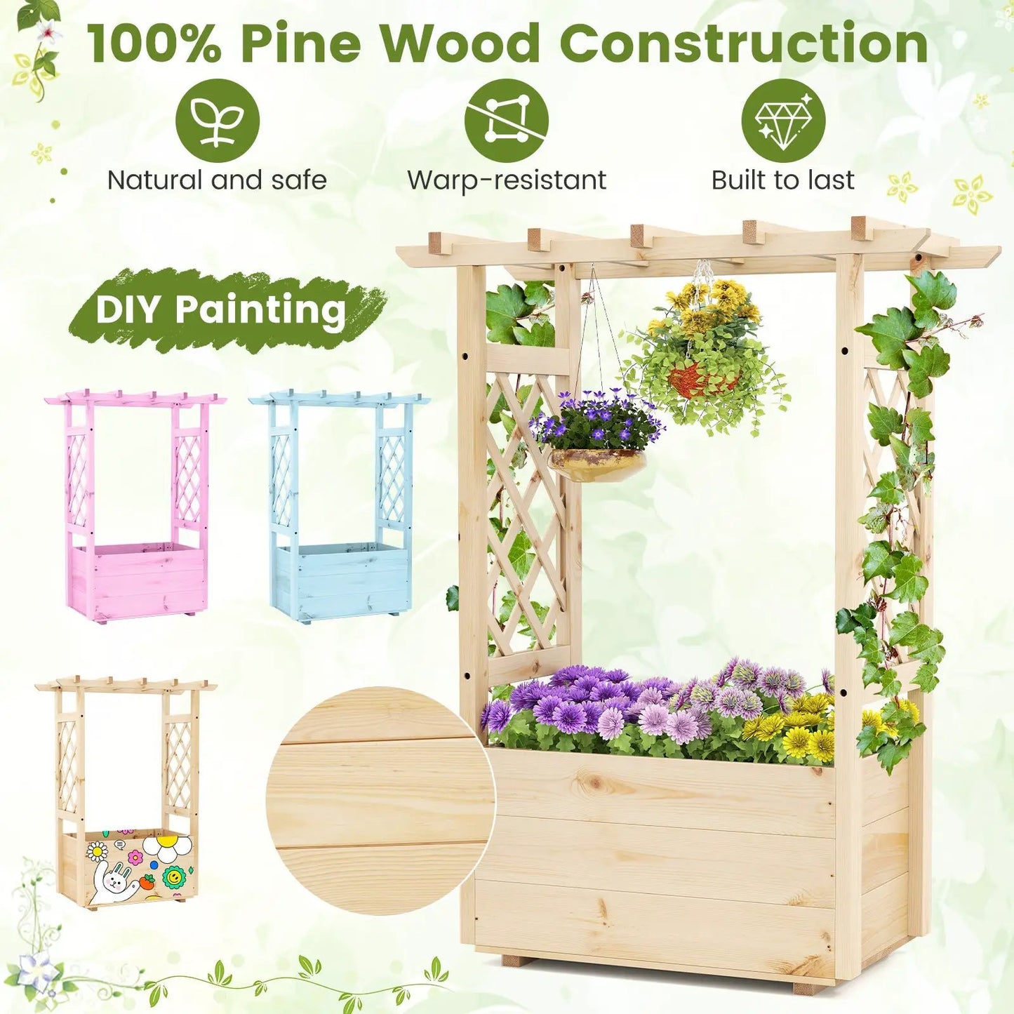 Wooden garden bed elevated planter box with lattice trellis sides and hanging baskets on Tampa Home & Garden Store