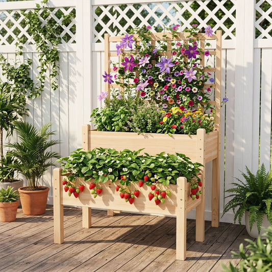Two Tier Raised Garden Bed With Trellis Climbers