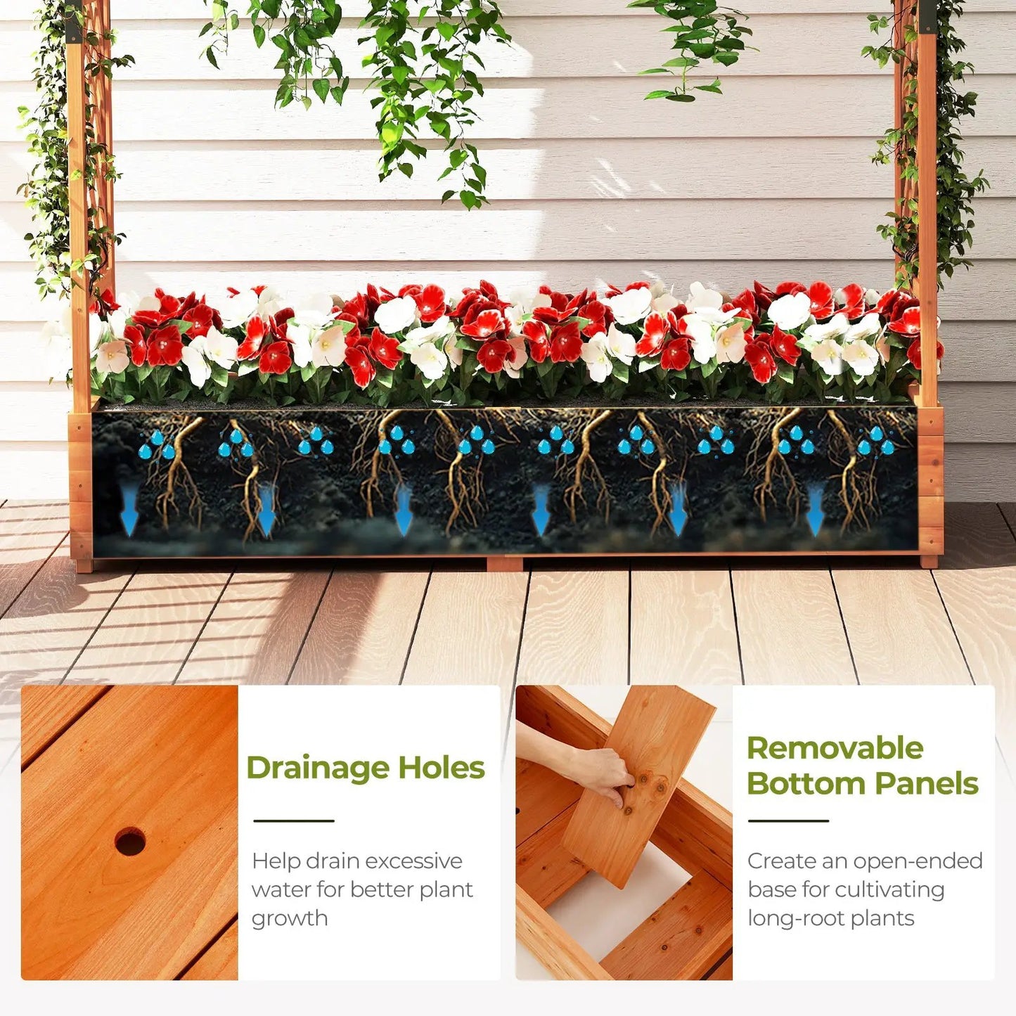 Raised garden bed with arch trellis in natural wood frame and flowering plants on Tampa Home & Garden Store