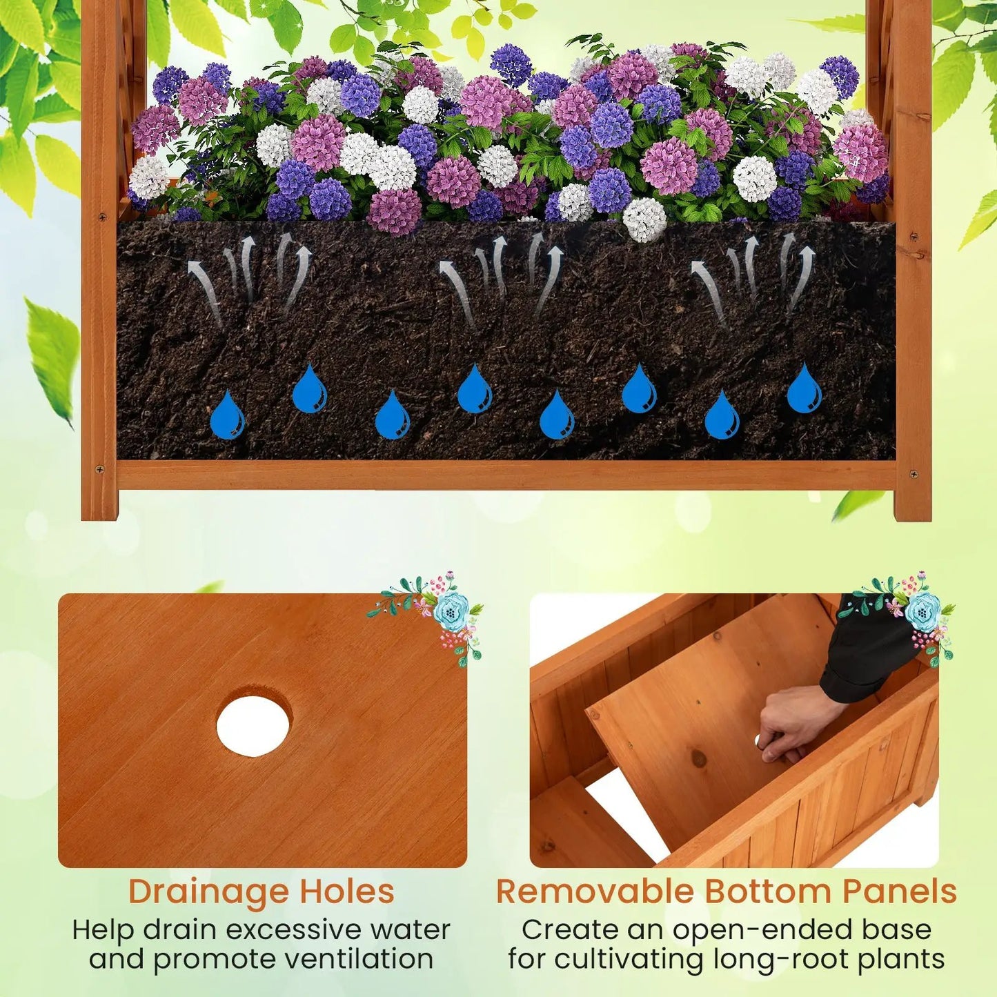 Raised Garden Bed with Lattice Trellis in wood frame with hydrangeas DirectDeals planter on Tampa Home & Garden Store