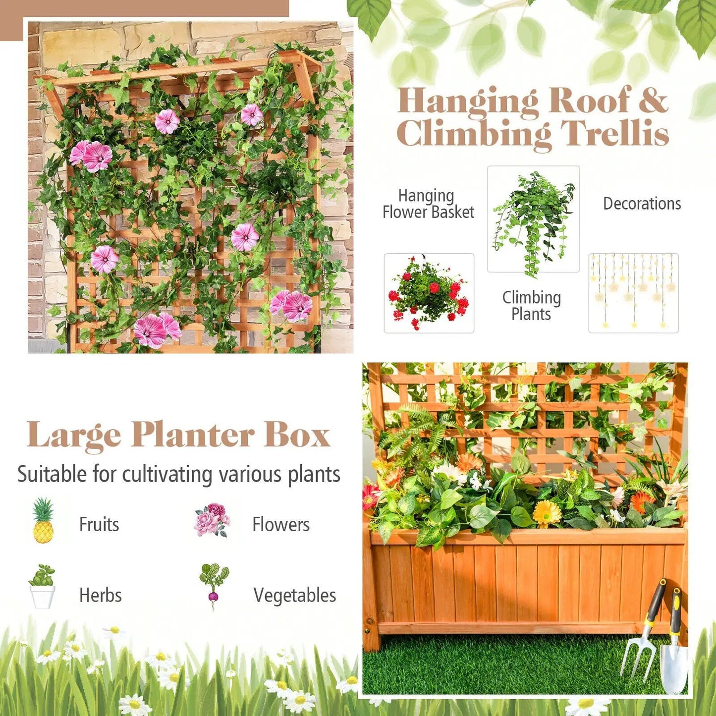 Raised Garden Bed with Trellis and Hanging Roof wooden planter with ivy and pink flowers on Tampa Home & Garden Store