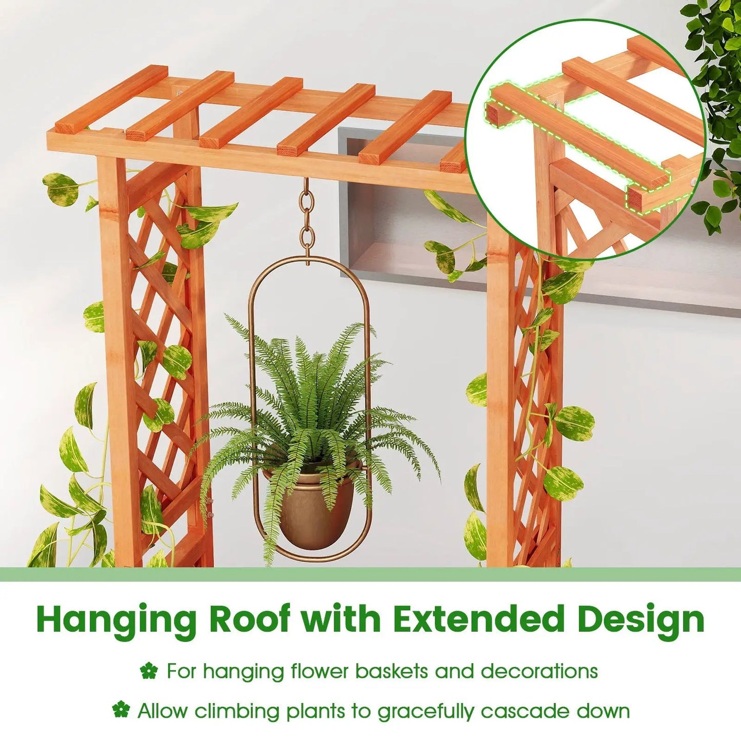 Raised garden bed with orange wood trellis and roof, lattice sides and hanging plant basket on Tampa Home & Garden Store