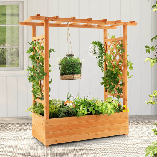 Raised Garden Bed with Trellis or Climbing Plant and Pot Hanging-Natural - Tampa Home & Garden Store