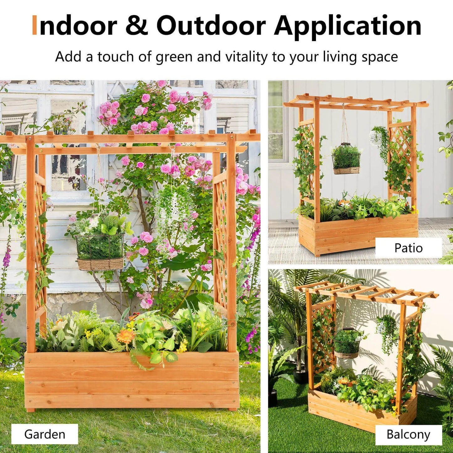 Raised garden bed with trellis and hanging pots in natural wood by DirectDeals on Tampa Home & Garden Store
