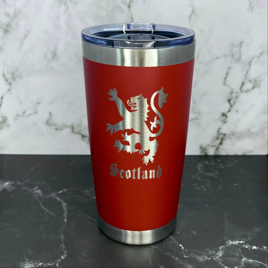 Rampant Lion of Scotland tumbler by Thistle & Stitch, red body with silver lion motif and clear lid on Tampa Home & Garden Store