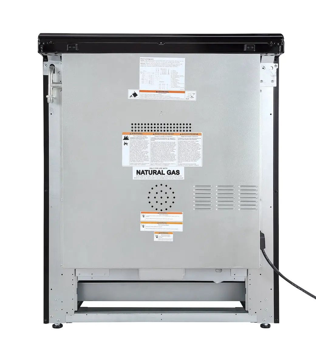 Rangaire 30 Inch Gas Range True Convection model RRG303GS, rear stainless panel with gas labels on Tampa Home & Garden Store