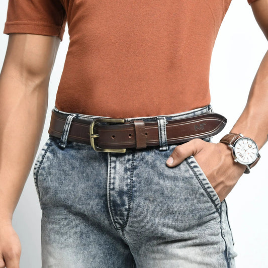 Premium Full Grain Buffalo Leather Belt for Men brown leather with brass buckle on Tampa Home & Garden Store