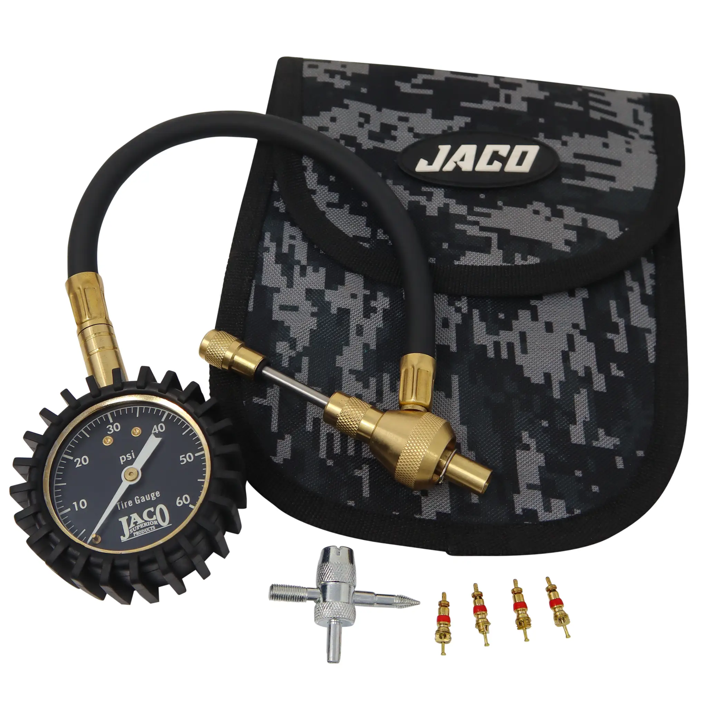 JACO RapidFlow Tire Deflator Gauge with air-down hose, brass adapters and camo carry bag on Tampa Home & Garden Store