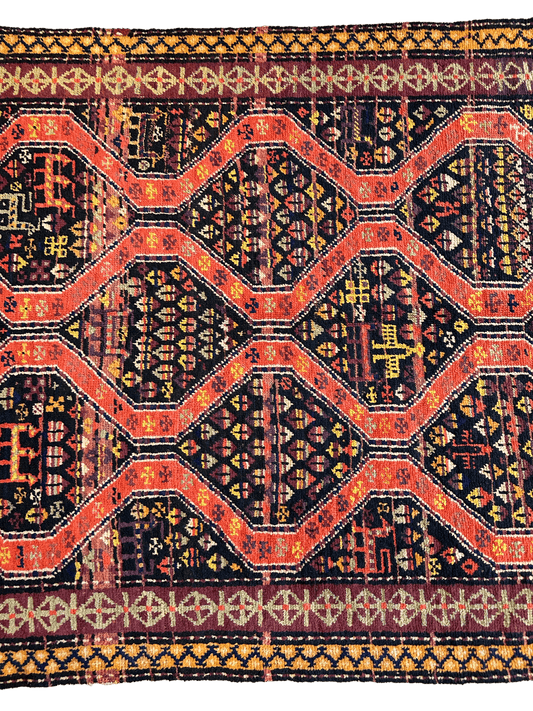 Antique Rug Rare handmade Caucasian Kazak 4x9 with red navy geometric motifs Rugistan on Tampa Home & Garden Store