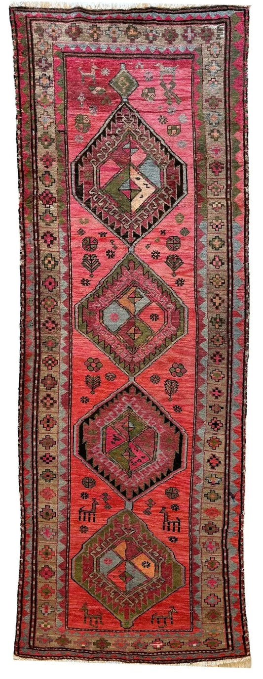Antique Caucasian hand-knotted runner rug by Rugistan in pink/red with diamonds 3’7” x 9’2” on Tampa Home & Garden Store