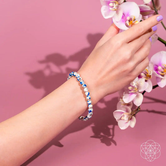 K2 Stone Bracelet 6mm blue-white speckled beads on wrist by Conscious Items on Tampa Home & Garden Store