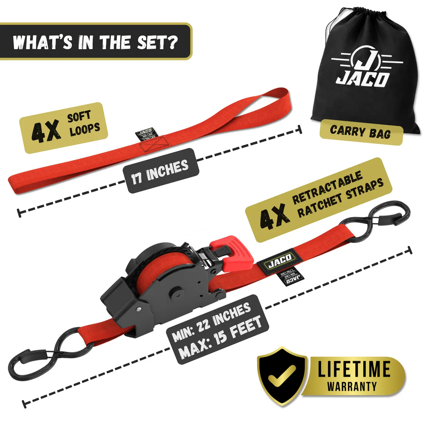 Correas de trinquete retráctiles - 2.5 cm x 4.5 m (798 kg de resistencia a la rotura) | Juego de correas de amarre de carga con auto-retracción para vehículos