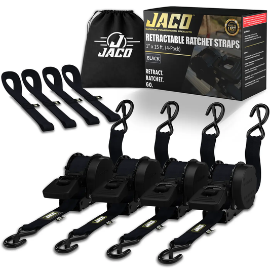 Retractable Ratchet Straps by JACO, black, 1 in x 15 ft, 4-pack with storage bag on Tampa Home & Garden Store