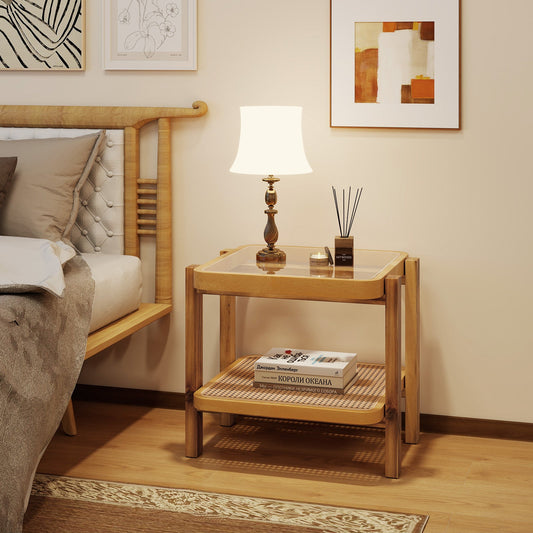 Rattan 2-Tier End Side Table with Tempered Glass Top Acacia Wood Legs-Brown - Tampa Home & Garden Store