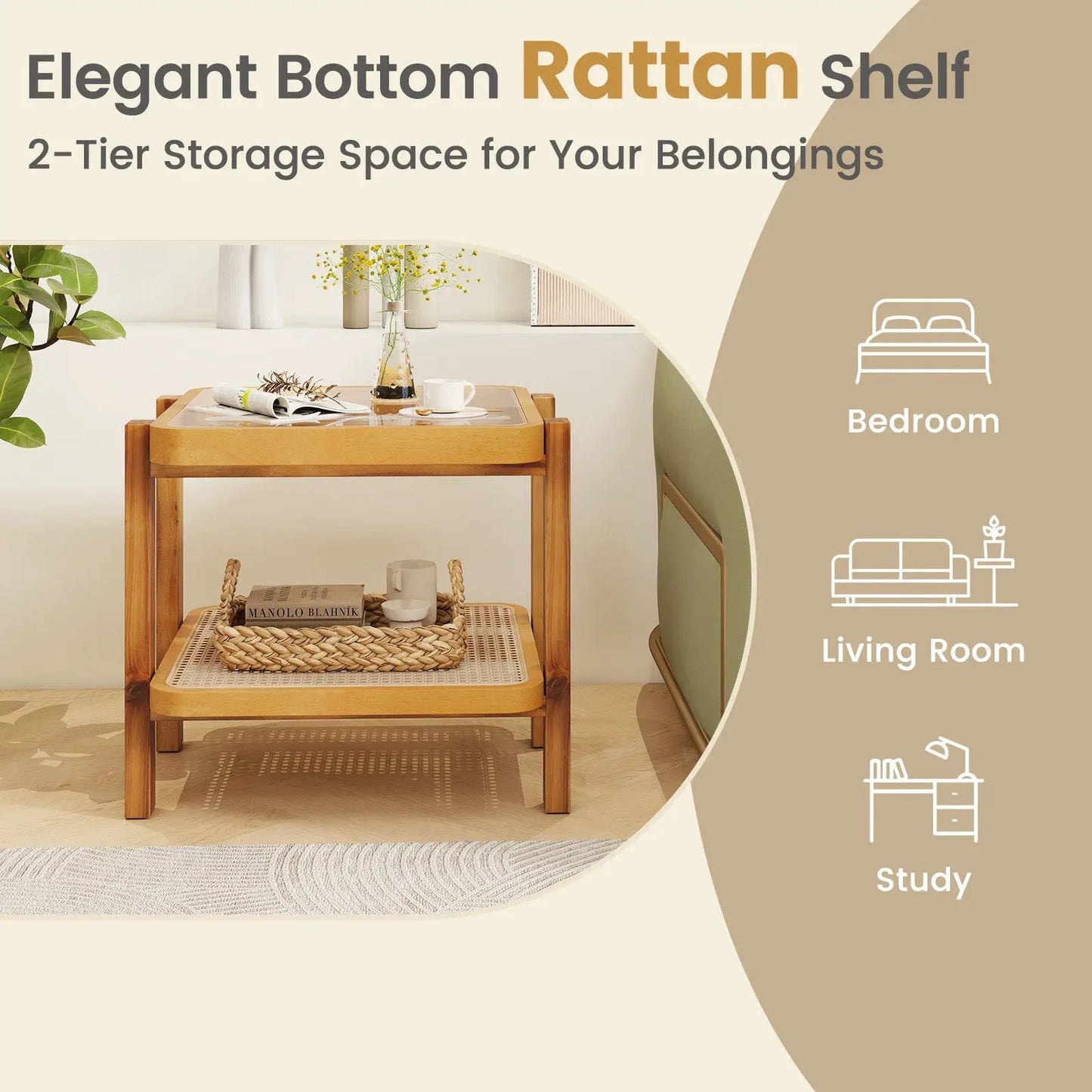 Rattan 2-Tier End Side Table with Glass Top in natural brown, woven shelves DirectDeals on Tampa Home & Garden Store