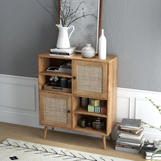 Rattan buffet cabinet with two doors and two cubbies, cane-front panels on Tampa Home & Garden Store
