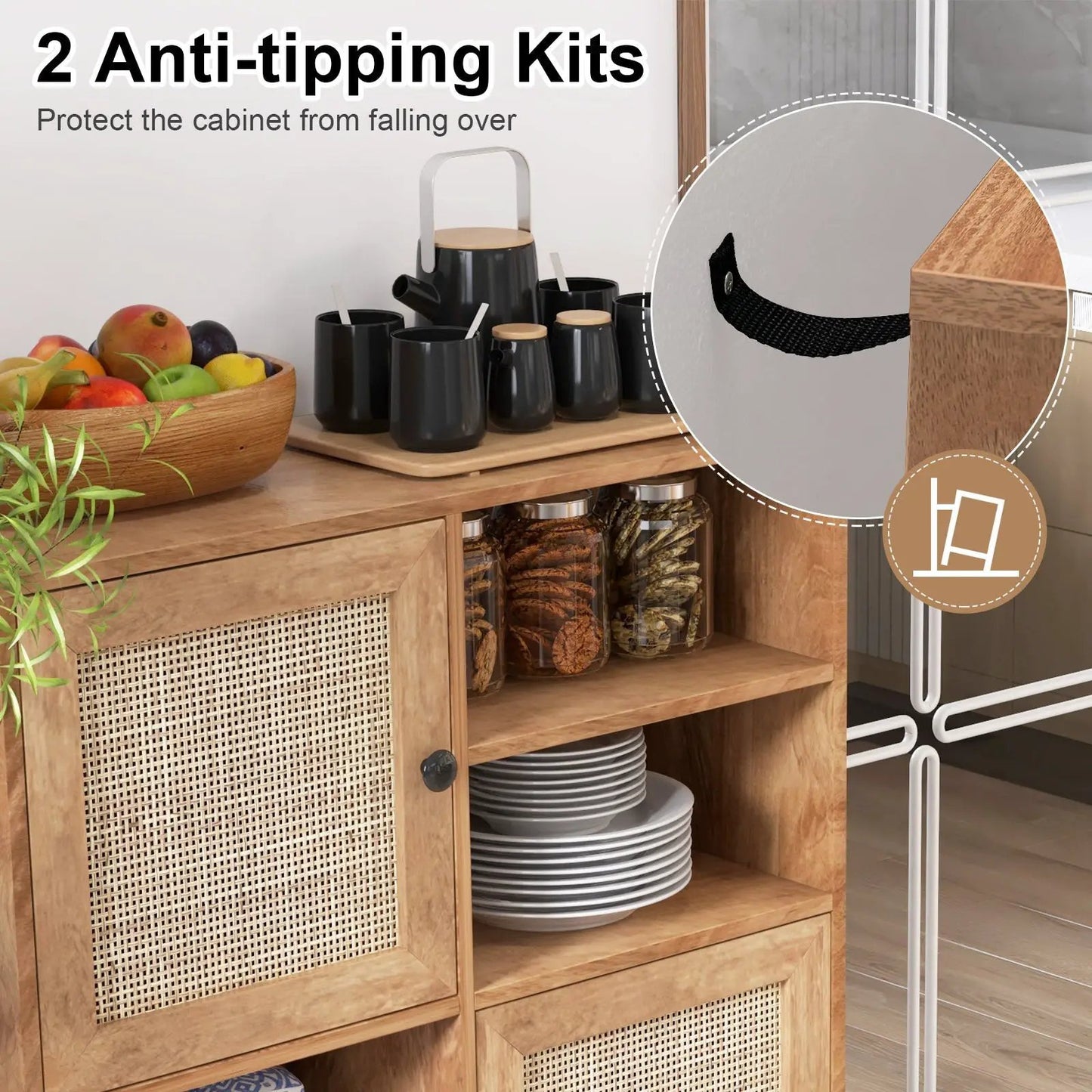 Rattan Buffet Cabinet with 2 Doors and 2 Cubbies-Natural - Tampa Home & Garden Store