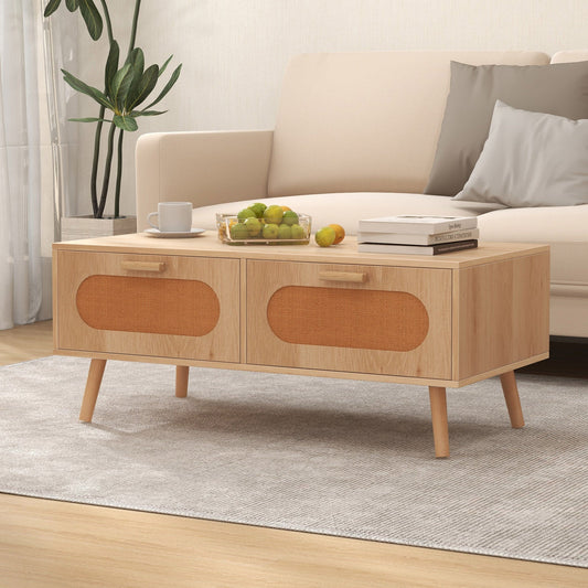 Rattan Coffee Table Mid Century Modern Center Table with 2 Storage Drawers-Natural - Tampa Home & Garden Store