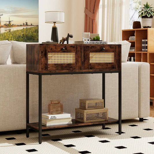 Rattan console table in dark wood with two drawers and cane-front panels boho style on Tampa Home & Garden Store