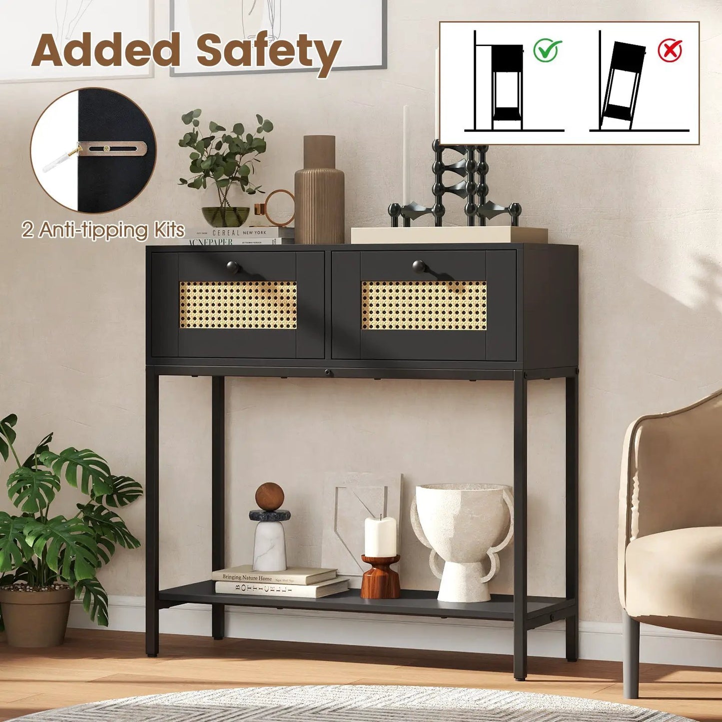 Rattan console table with black metal frame and two cane-front drawers for Boho entryway on Tampa Home & Garden Store