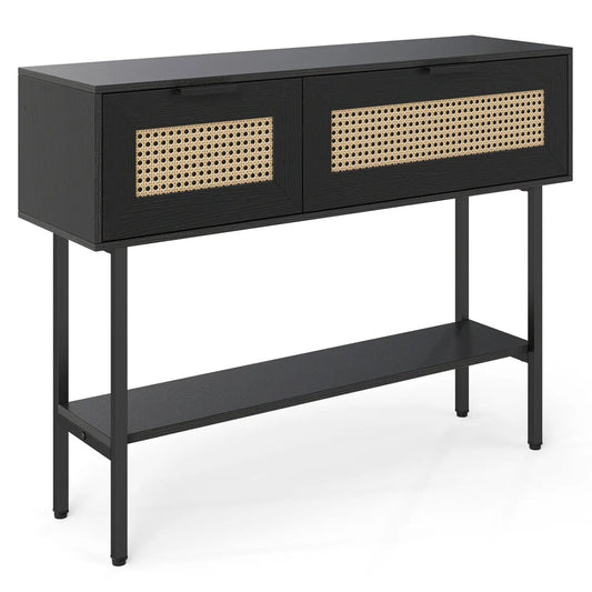 Rattan console table with 2 storage cabinets and bottom shelf, black carbon steel frame on Tampa Home & Garden Store
