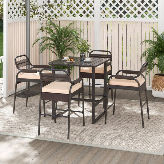 5 Piece Rattan Counter Set with 4 Stools and Polywood Bar Table-Brown - Tampa Home & Garden Store