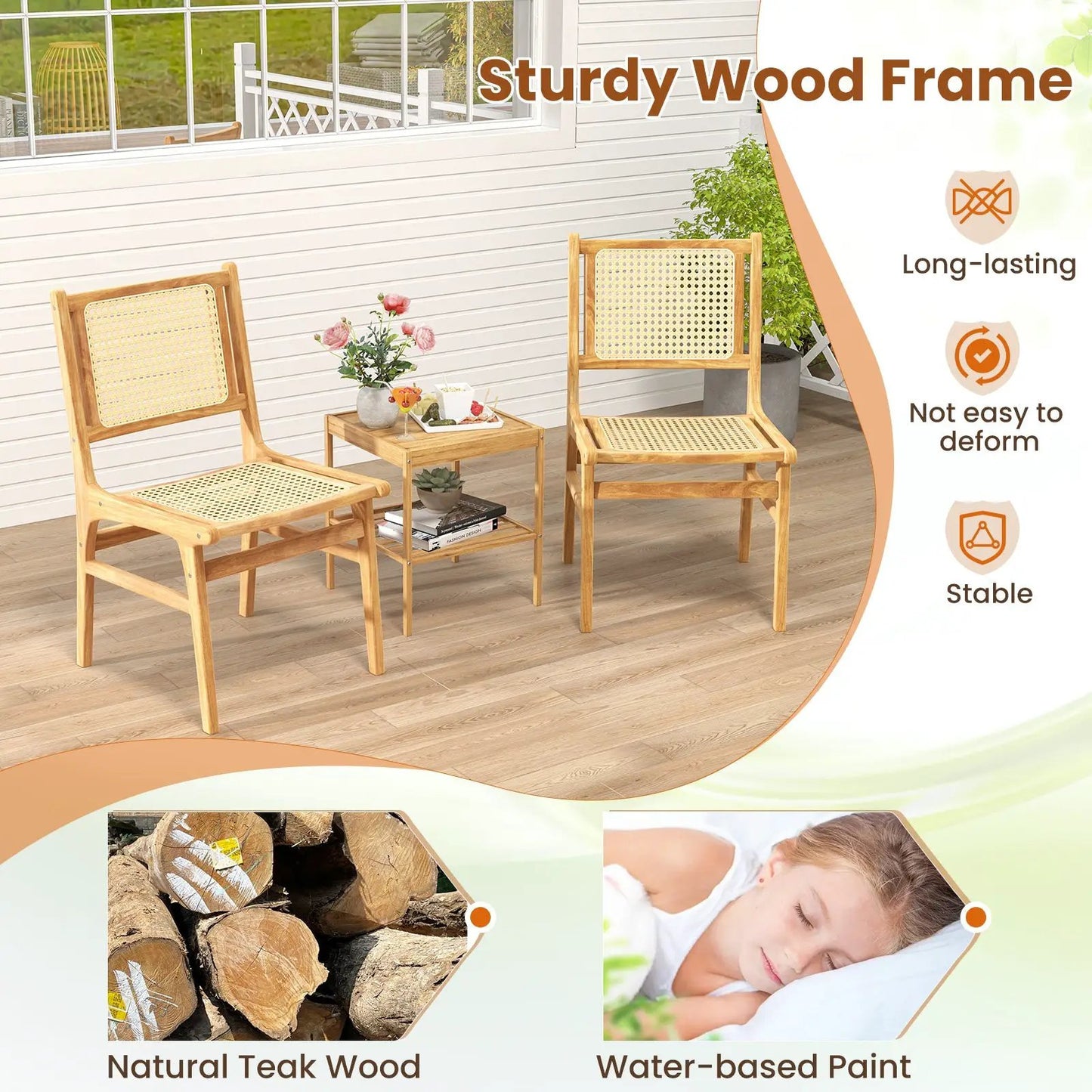 Rattan dining chairs with cane backs and teak frames, natural wood finish, set of 2 on Tampa Home & Garden Store