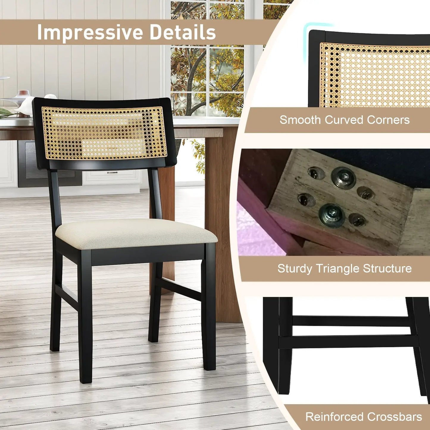 Rattan dining chairs set of 4 with cane backrests and black frames with beige seats on Tampa Home & Garden Store