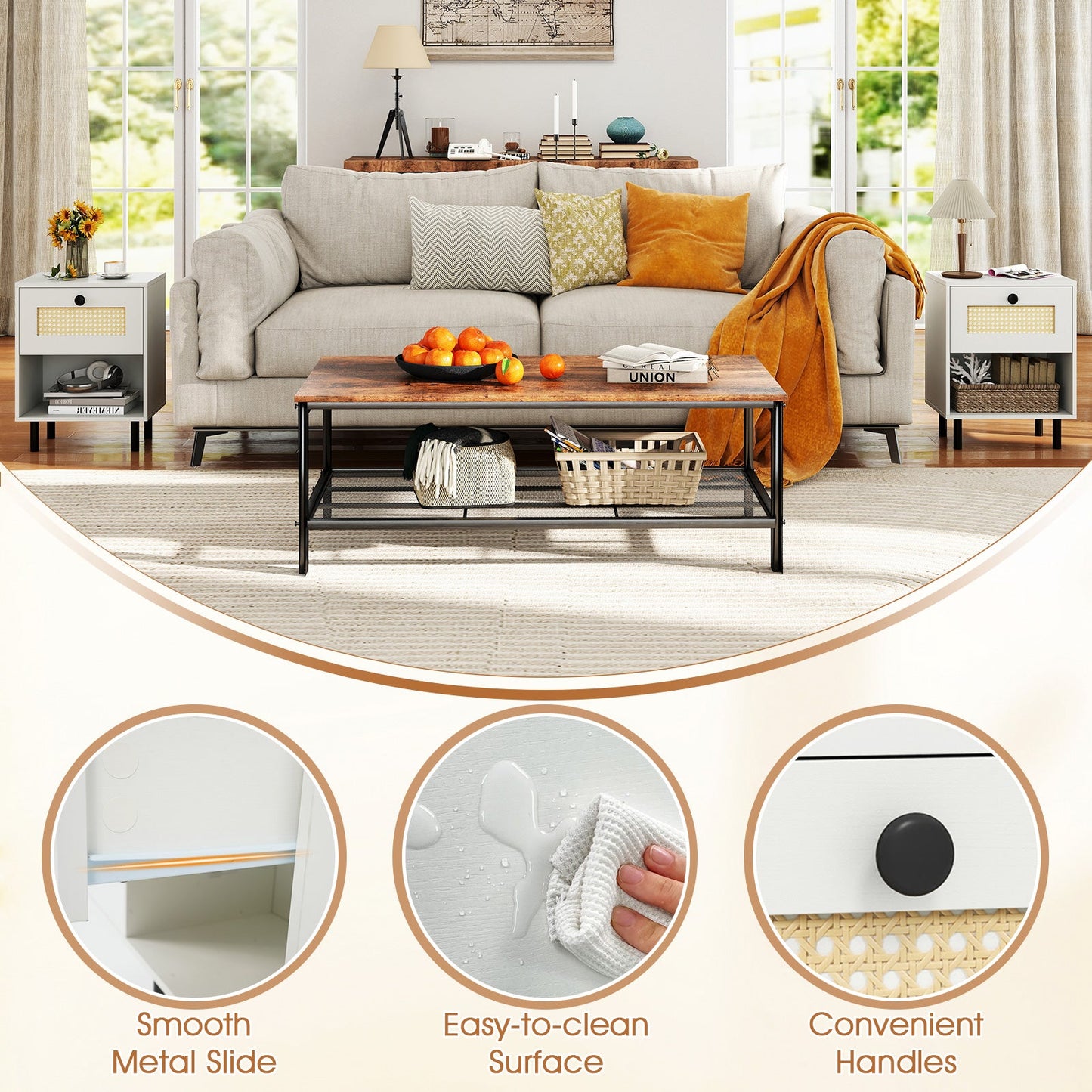 Rattan Boho Nightstands with Drawer and Open Shelf set of 2, white frame and rattan fronts on Tampa Home & Garden Store