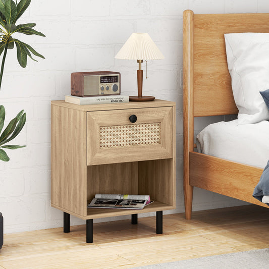 Rattan Nightstand Boho End Table with Rattan Drawer and Open Shelf - Tampa Home & Garden Store