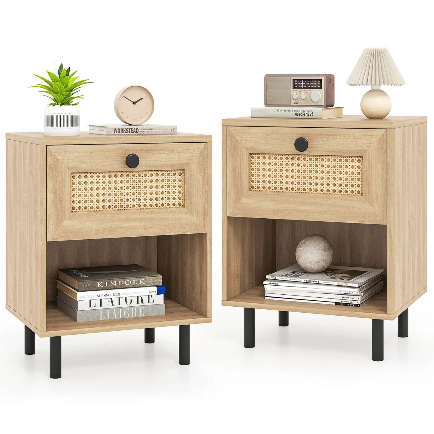 Rattan Boho Nightstands with Drawer and Shelf Set, natural wood with cane panels DirectDeals on Tampa Home & Garden Store