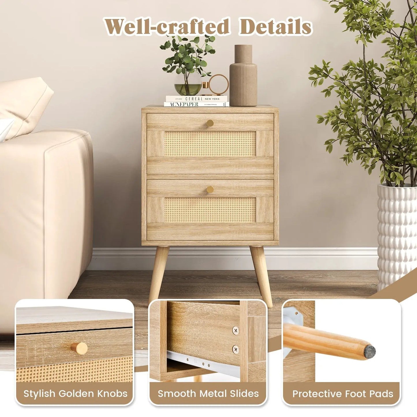 Rattan Nightstand Boho Accent Bedside Table, 2 storage drawers, natural finish, DirectDeals on Tampa Home & Garden Store