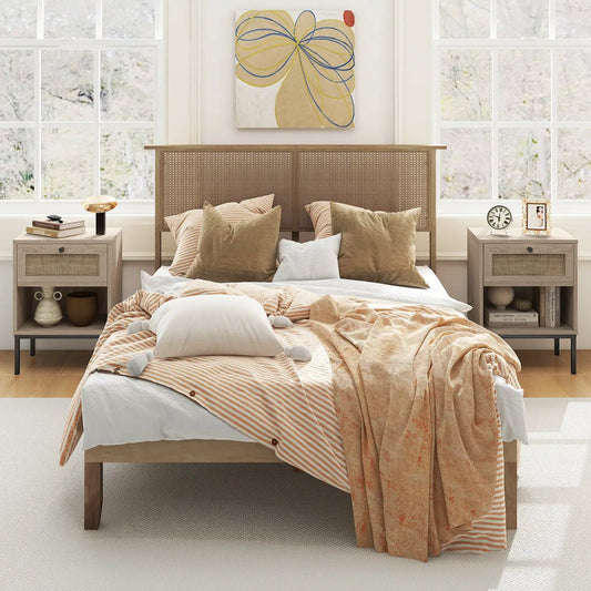 Rattan boho nightstands set of 2 with drawers and open shelves in light oak-tone finish on Tampa Home & Garden Store