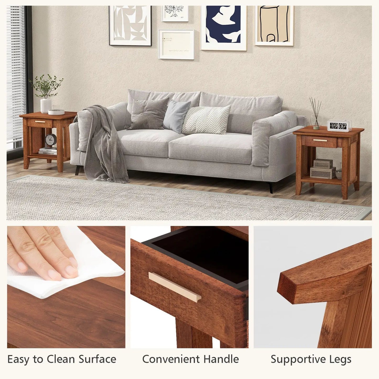 Rattan Nightstand End Table With Drawer and Shelf, wood-tone finish, two tables beside sofa on Tampa Home & Garden Store