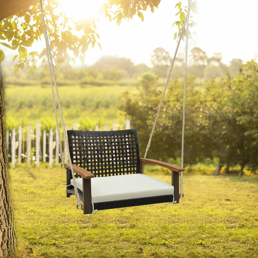 Single Rattan Porch Swing with Armrests Cushion and Hanging Ropes-White - Tampa Home & Garden Store