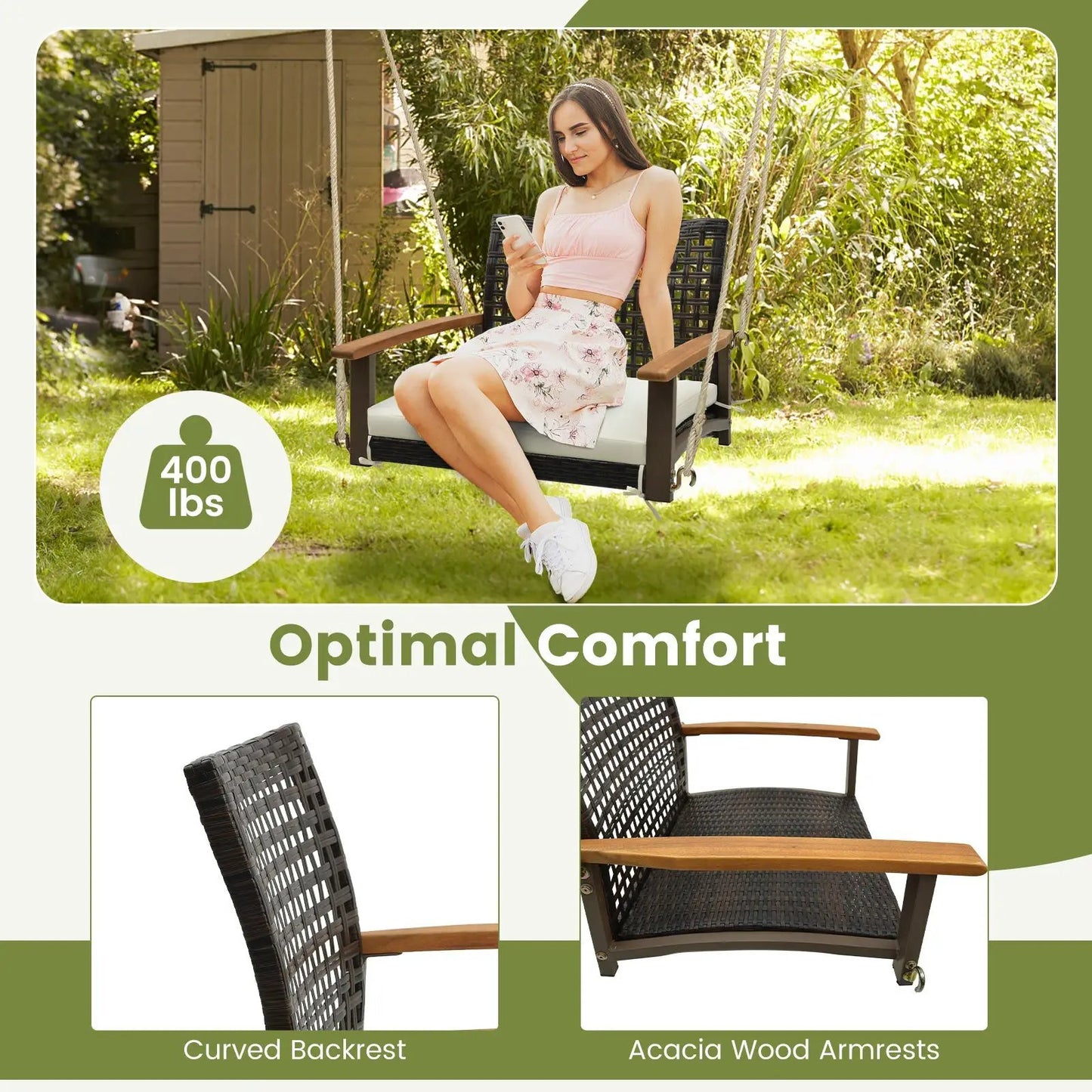 Rattan porch swing with light cushion and wood armrests by DirectDeals in a garden setting on Tampa Home & Garden Store