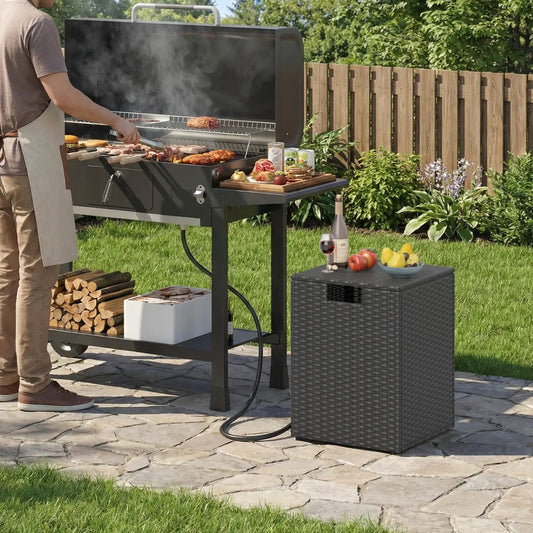 DirectDeals rattan propane tank cover patio hideaway table with storage beside grill on Tampa Home & Garden Store
