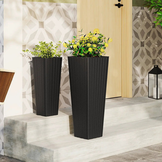 Rattan tall planters set of 2 with removable trays, black woven finish on Tampa Home & Garden Store