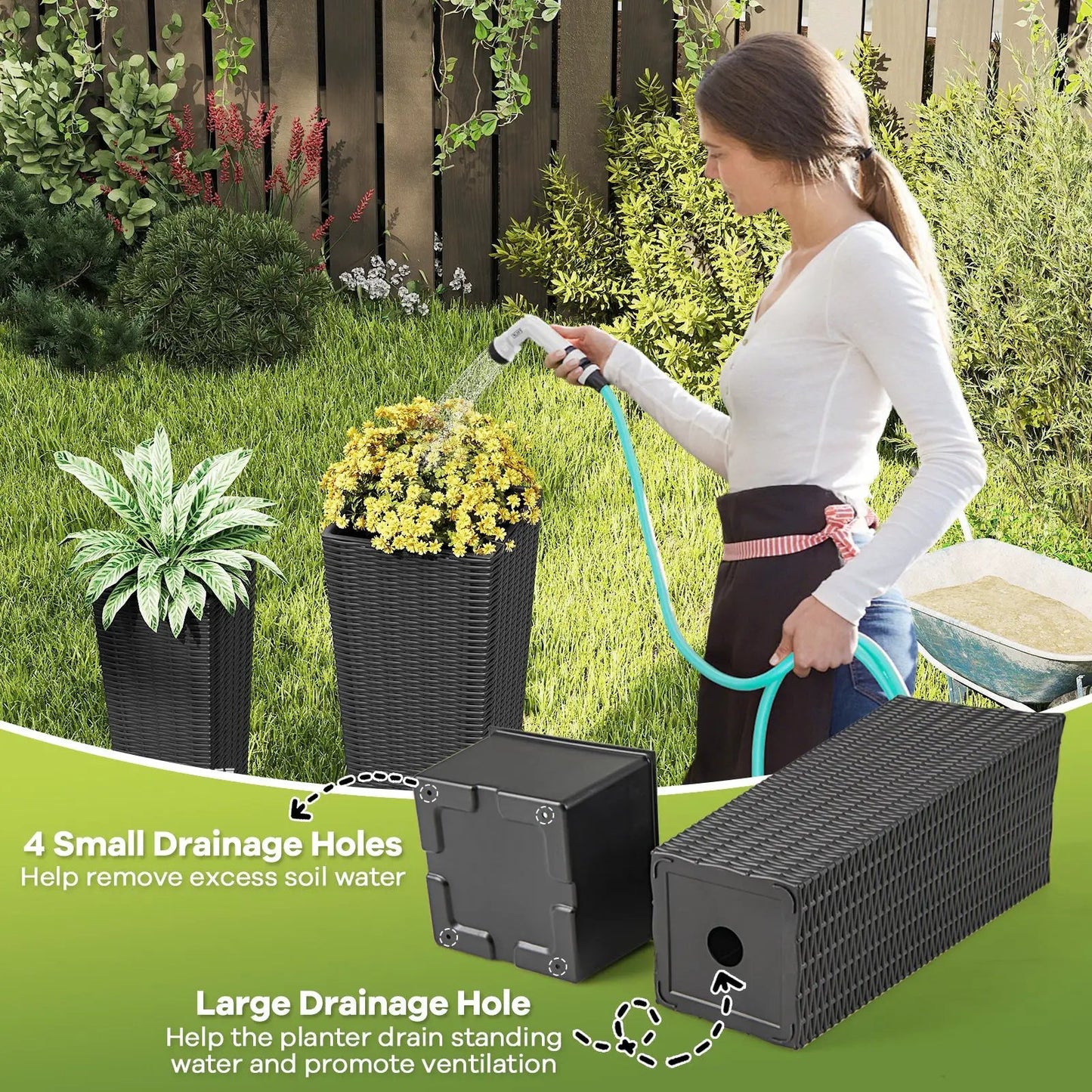 Rattan Tall Planter Set of 2 black wicker planters with removable trays, watering nearby on Tampa Home & Garden Store