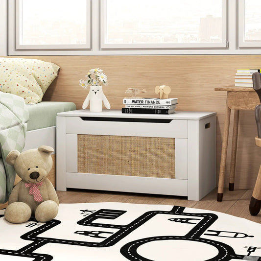 Kids rattan toy storage box with lid and hinges, white finish, woven front, DirectDeals on Tampa Home & Garden Store