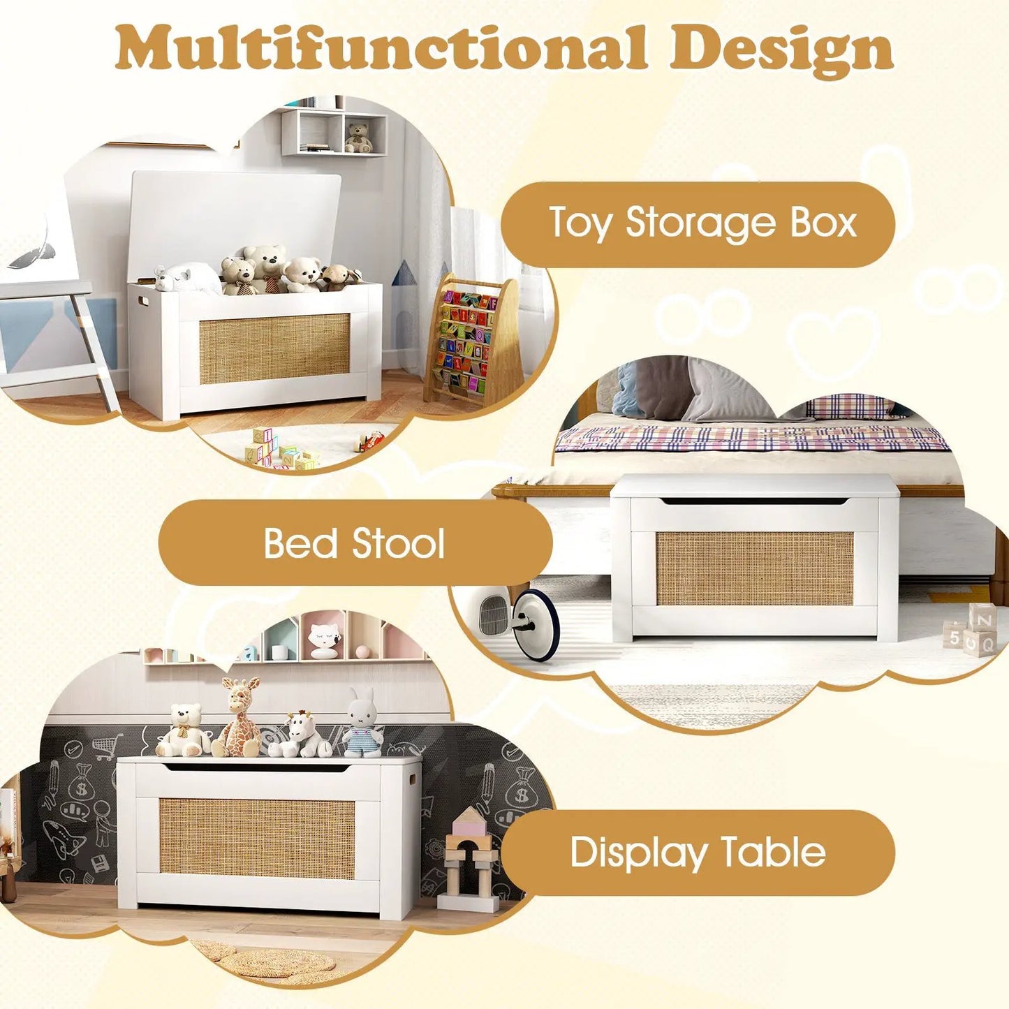 Kids rattan toy storage box with lid and safety hinges, white frame and woven front panel for tidy toy storage on Tampa Home & Garden Store