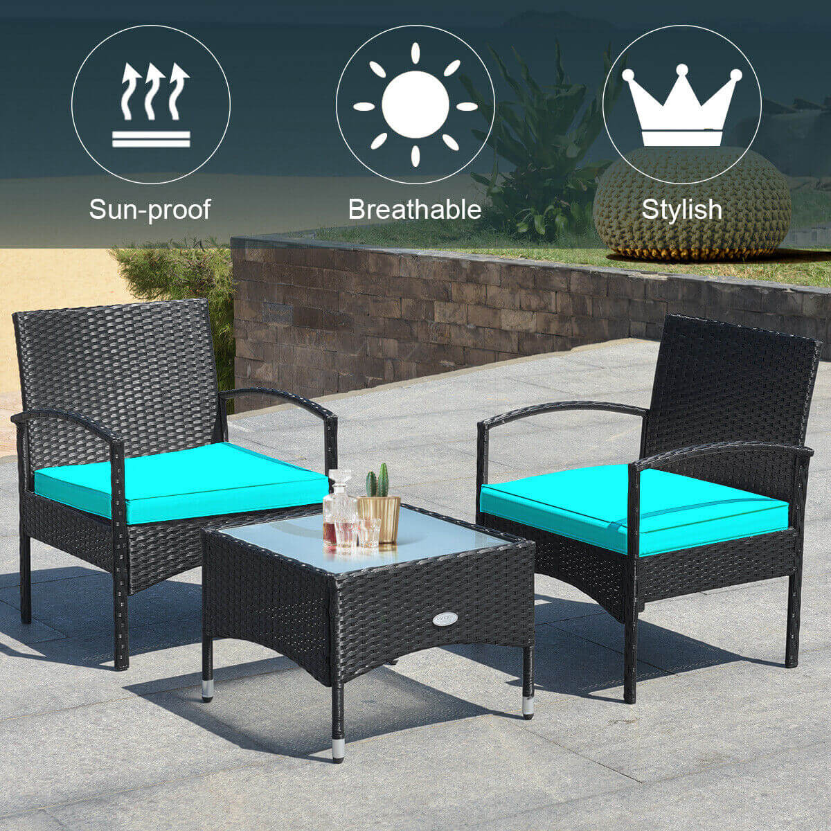 3 Pieces Patio Wicker Rattan Furniture Set with Cushion for Lawn Backyard-Red