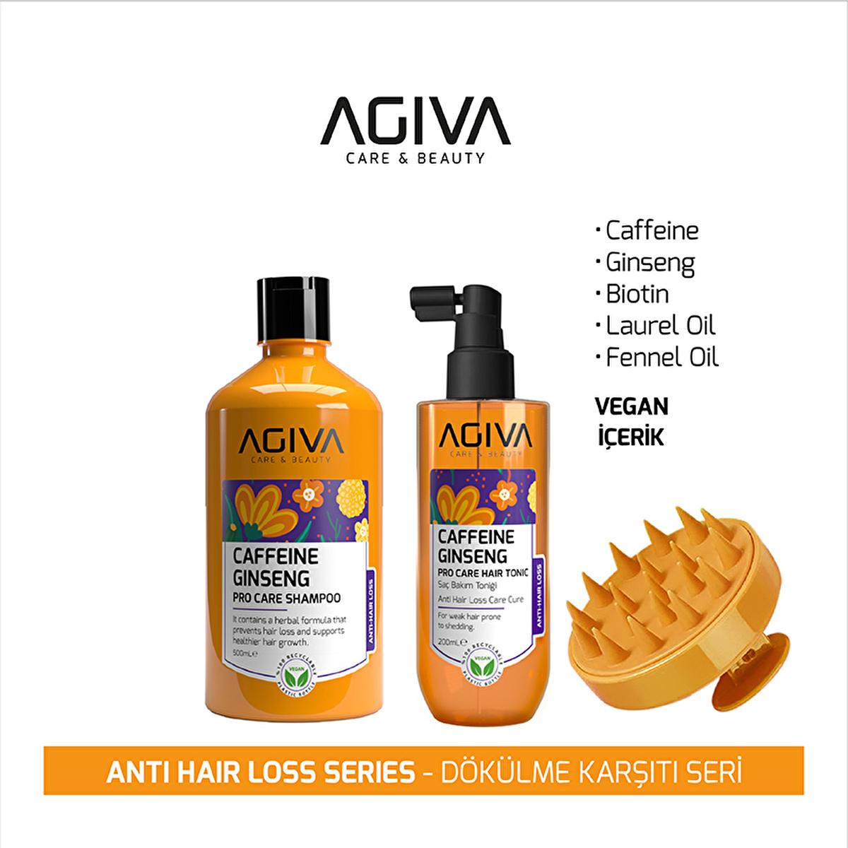Agiva caffeine ginseng hair care set: orange shampoo and tonic bottles with massager on Tampa Home & Garden Store